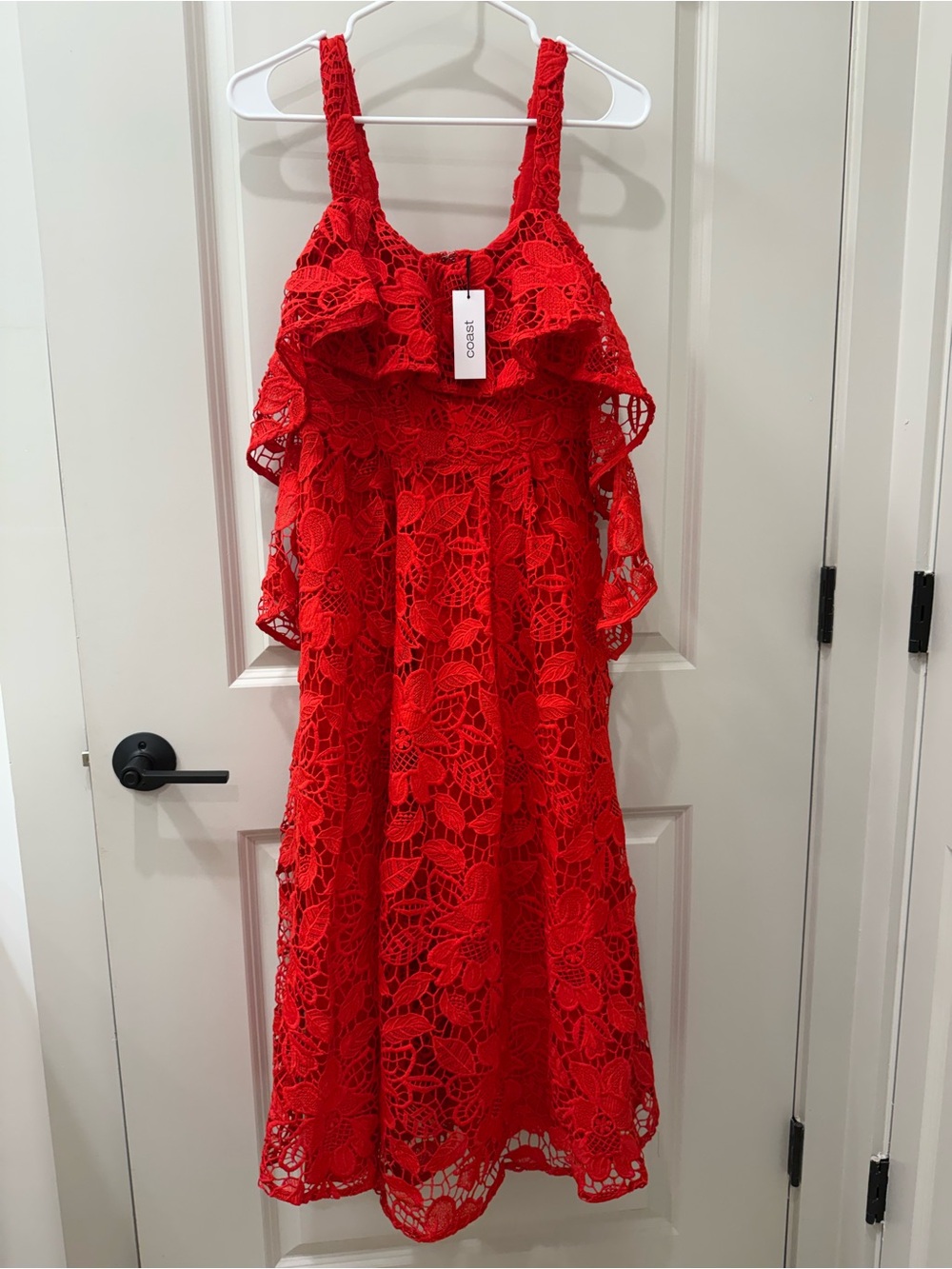 Coast Bardot Frill Lace Midi Dress Red Wedding Guest Race Day Occasion Sz 6